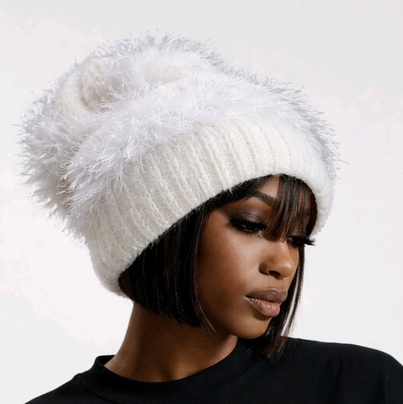 Pearl White Women's Warm Furry Slouchy Stocking Cap Hat Long Eyelash Yarn, NEW - Picture 15 of 15